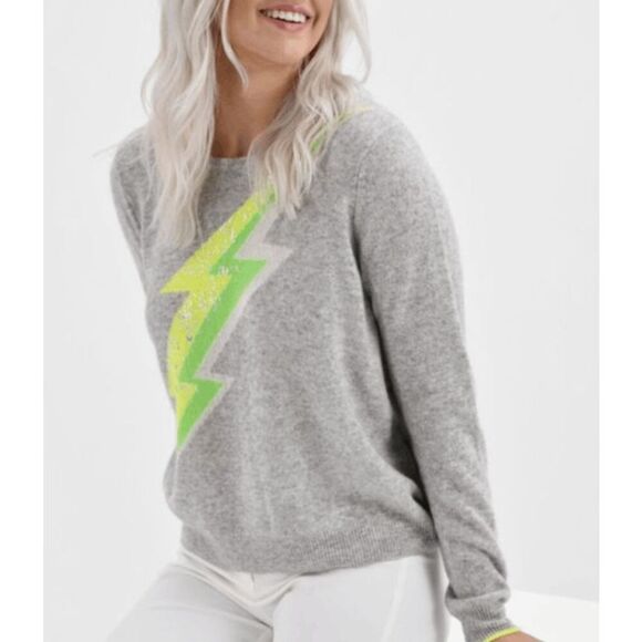 Brodie Sweaters - Brodie Cashmere STORMY Foil Lightening Bolt Sweater Grey Medium
